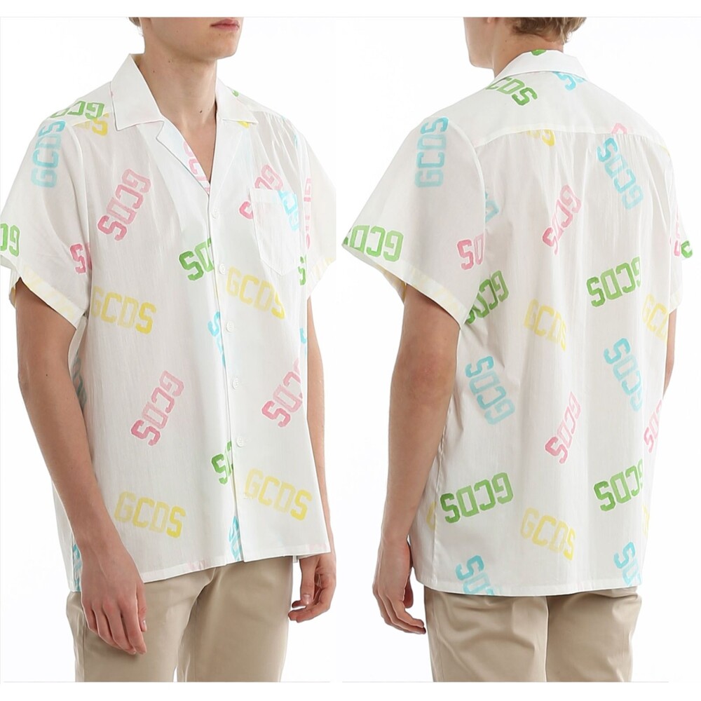 GCDS Men's Monogram White Shirt All Over Logo Print Rainbow Multicolor Sz Small